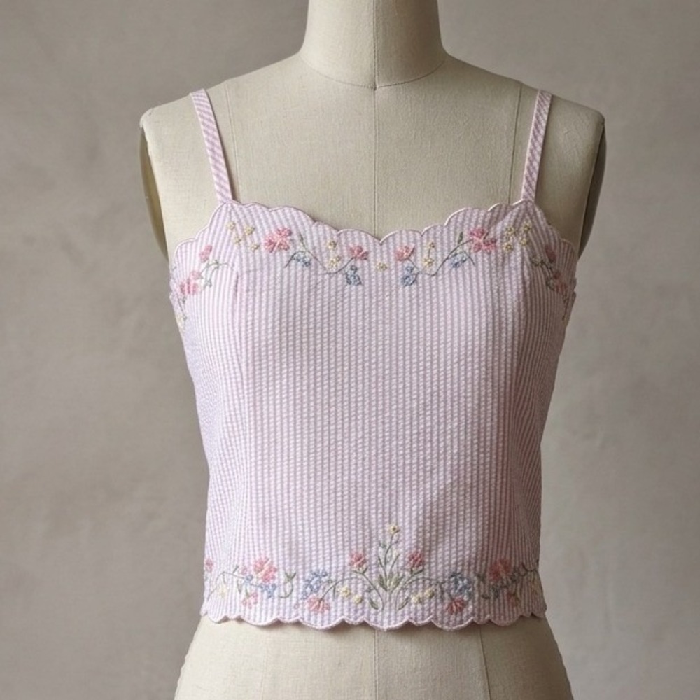 Vintage Pink Seersucker Floral‎ Embroidered Scallop Cami Top Dainty Coquette L